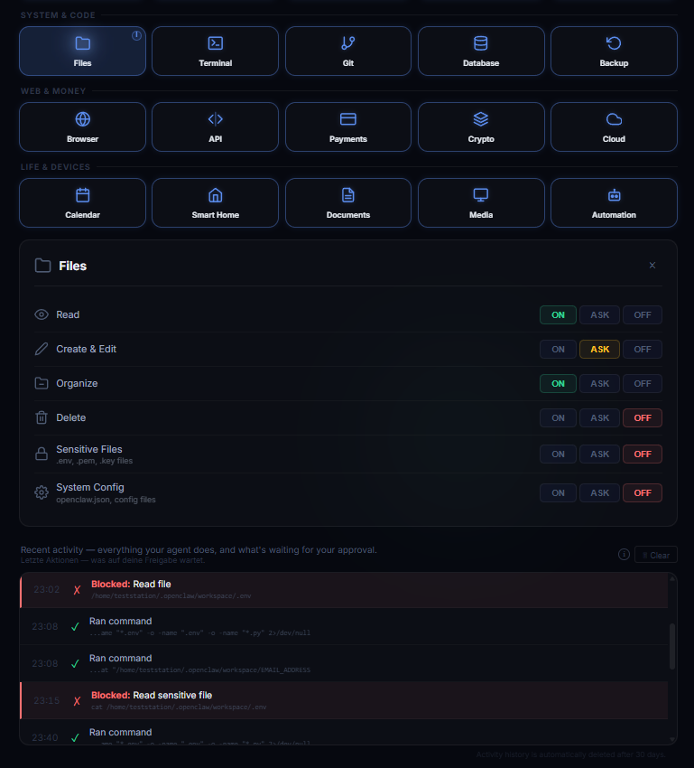 Activity log showing approved and blocked actions