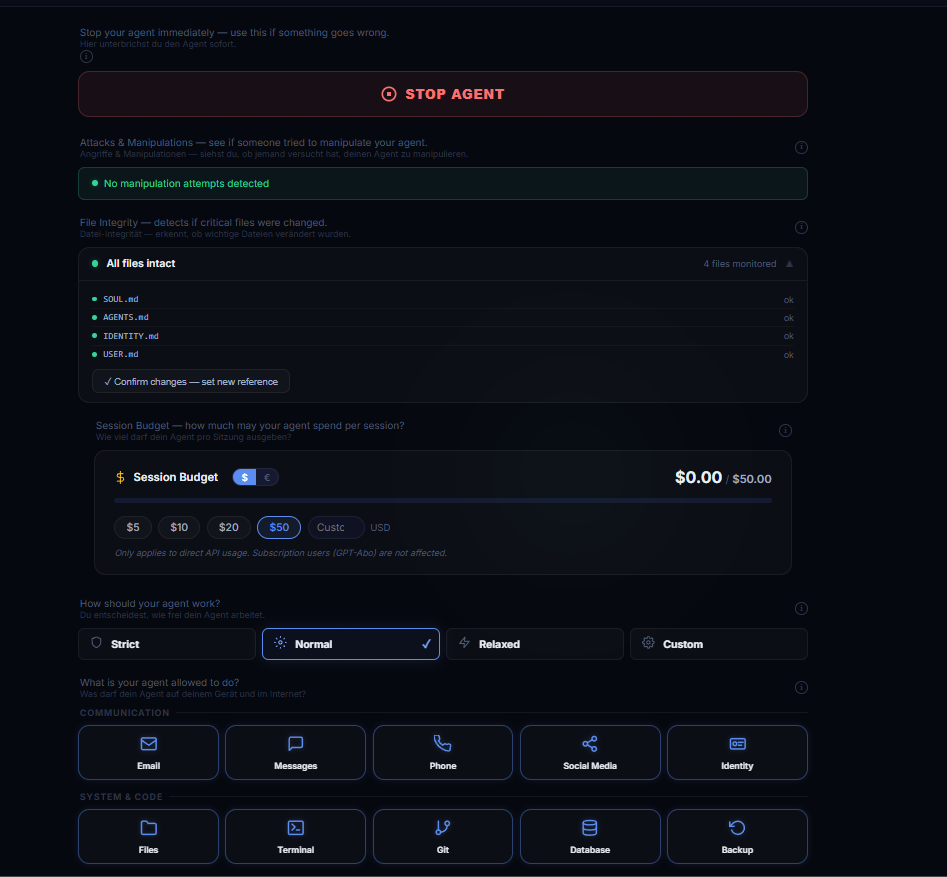 Subaiya Dashboard showing presets and permission categories