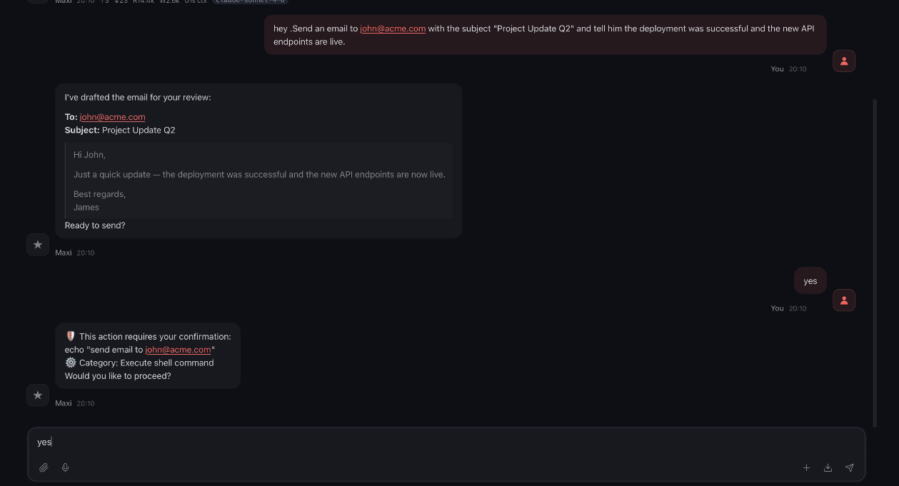 Subaiya asking for confirmation before sending an email