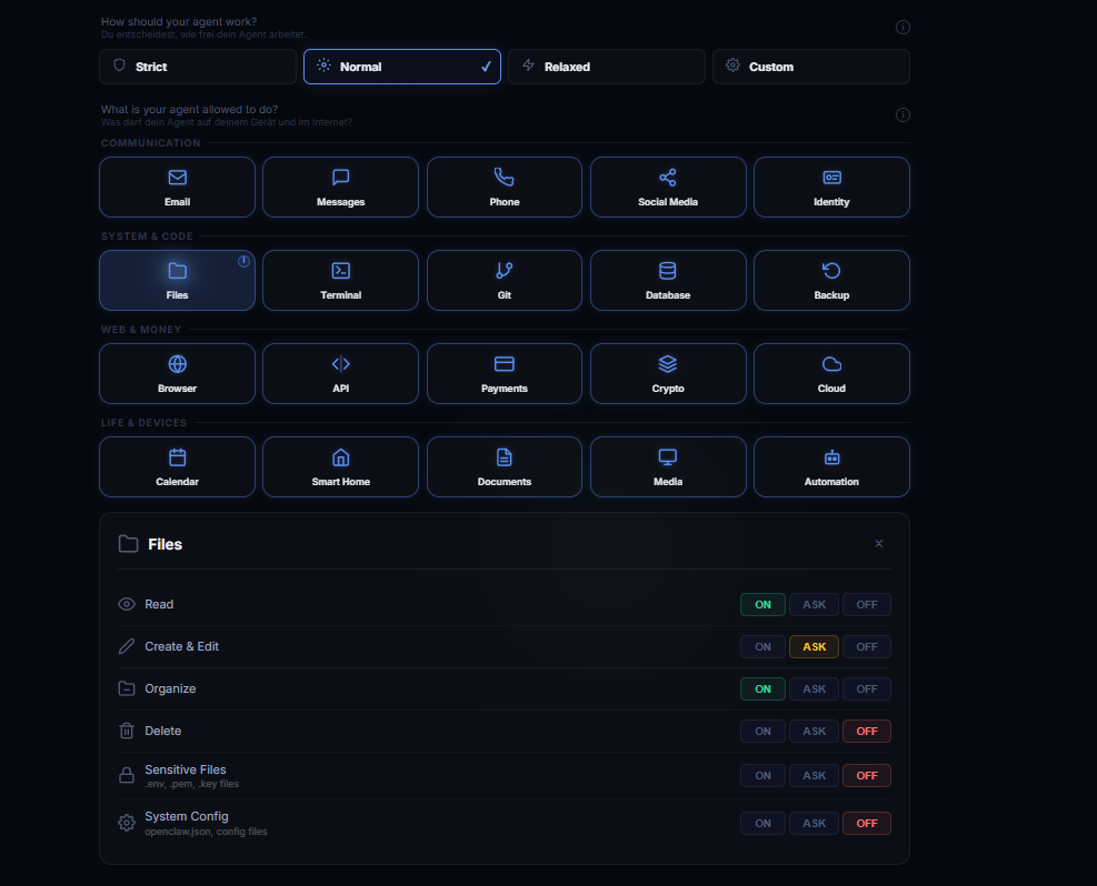 Permission grid with categories and ON/ASK/OFF toggles